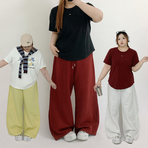 Milu家大码女装春季胖mm休闲弯刀阔腿裤红色宽松百搭显瘦运动卫裤