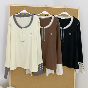 Milu家大码女装秋季设计感美式撞色正肩长袖t恤胖mm宽松显瘦上衣