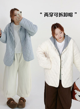 Milu家大码女装冬季菱格可拆卸帽轻薄保暖棉服外套胖mm宽松显瘦潮