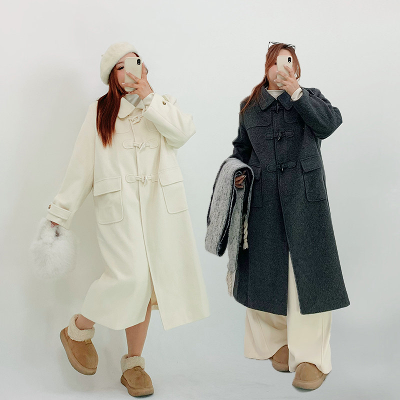 Milu家大码女装冬季甜美学院风牛角扣呢子大衣胖mm中长款毛呢外套