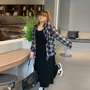 Milu家大码女装夏季长款吊带连衣裙格子开衫胖mm休闲慵懒两件套装