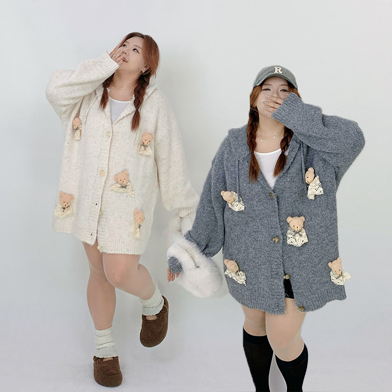 Milu家大码女装秋冬季减龄可爱玩偶小熊宽松连帽毛衣外套胖mm上衣