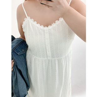 Milu家大码女装春夏季度假风甜美胖mm显瘦花边吊带长款a字连衣裙