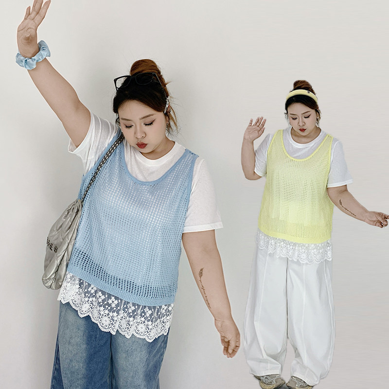 Milu家大码女装夏季设计感甜美蕾丝拼接上衣网格背心胖mm显瘦套装