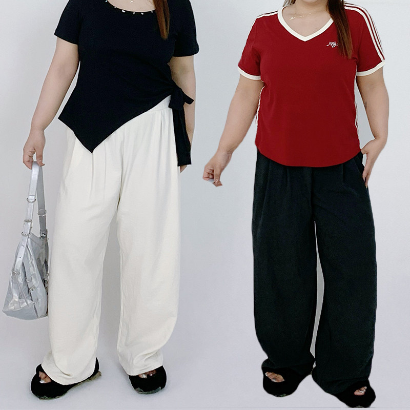 Milu家大码女装夏季百搭薄款奶芙山本裤胖mm显瘦宽松慵懒阔腿裤潮