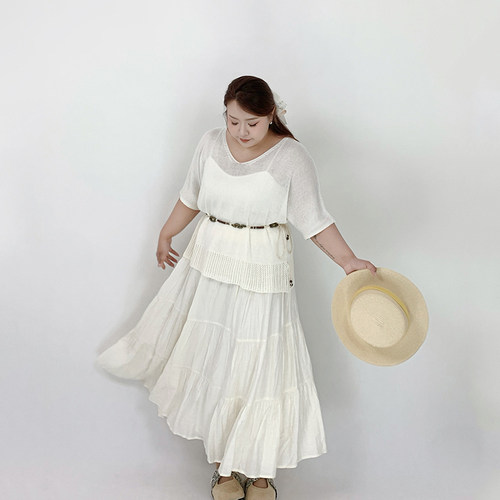 Milu家大码女装夏季度假温柔宽松腰带罩衫a字蛋糕裙胖mm显瘦套装