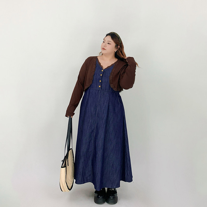 Milu家大码女装春夏法式长款过膝a字牛仔连衣裙开衫胖mm显瘦套装