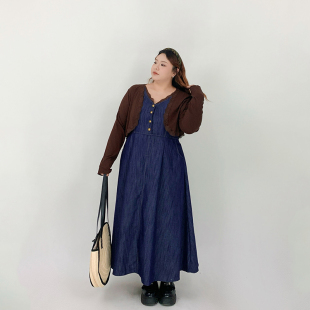 Milu家大码女装春夏法式长款过膝a字牛仔连衣裙开衫胖mm显瘦套装