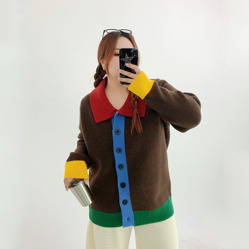 Milu家大码女装秋冬多巴胺撞色宽松针织开衫胖mm显瘦毛衣外套上衣