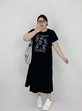 Milu家大码女装夏季圆领卡通印花休闲宽松胖mm显瘦短袖T恤连衣裙