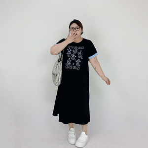 Milu家大码女装夏季圆领卡通印花休闲宽松胖mm显瘦短袖T恤连衣裙