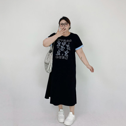 Milu家大码女装夏季圆领卡通印花休闲宽松胖mm显瘦短袖T恤连衣裙