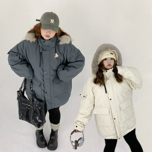 Milu家大码女装冬季BF风大毛领工装派克羽绒服宽松加厚棉服外套潮