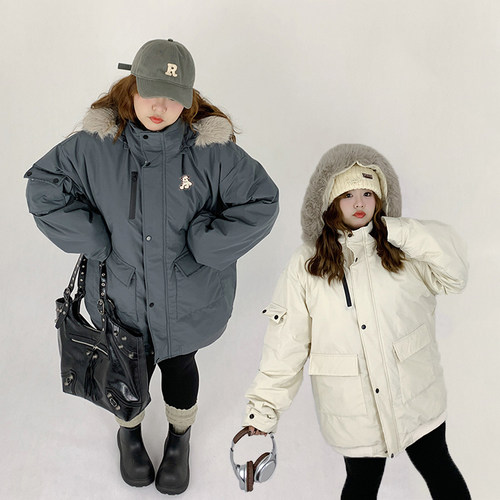 Milu家大码女装冬季BF风大毛领工装派克羽绒服宽松加厚棉服外套潮