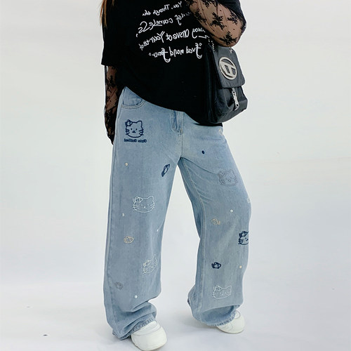 Milu家大码女装刺绣牛仔宽松直筒阔腿裤胖mm显瘦梨形身材200斤潮