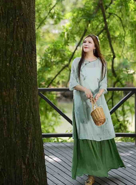 8505晓莲~复古盘扣苎麻内里包边绣花裙女文艺大码新中式国风中裙