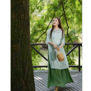 国风中裙 新中式 8505晓莲 复古盘扣苎麻内里包边绣花裙女文艺大码