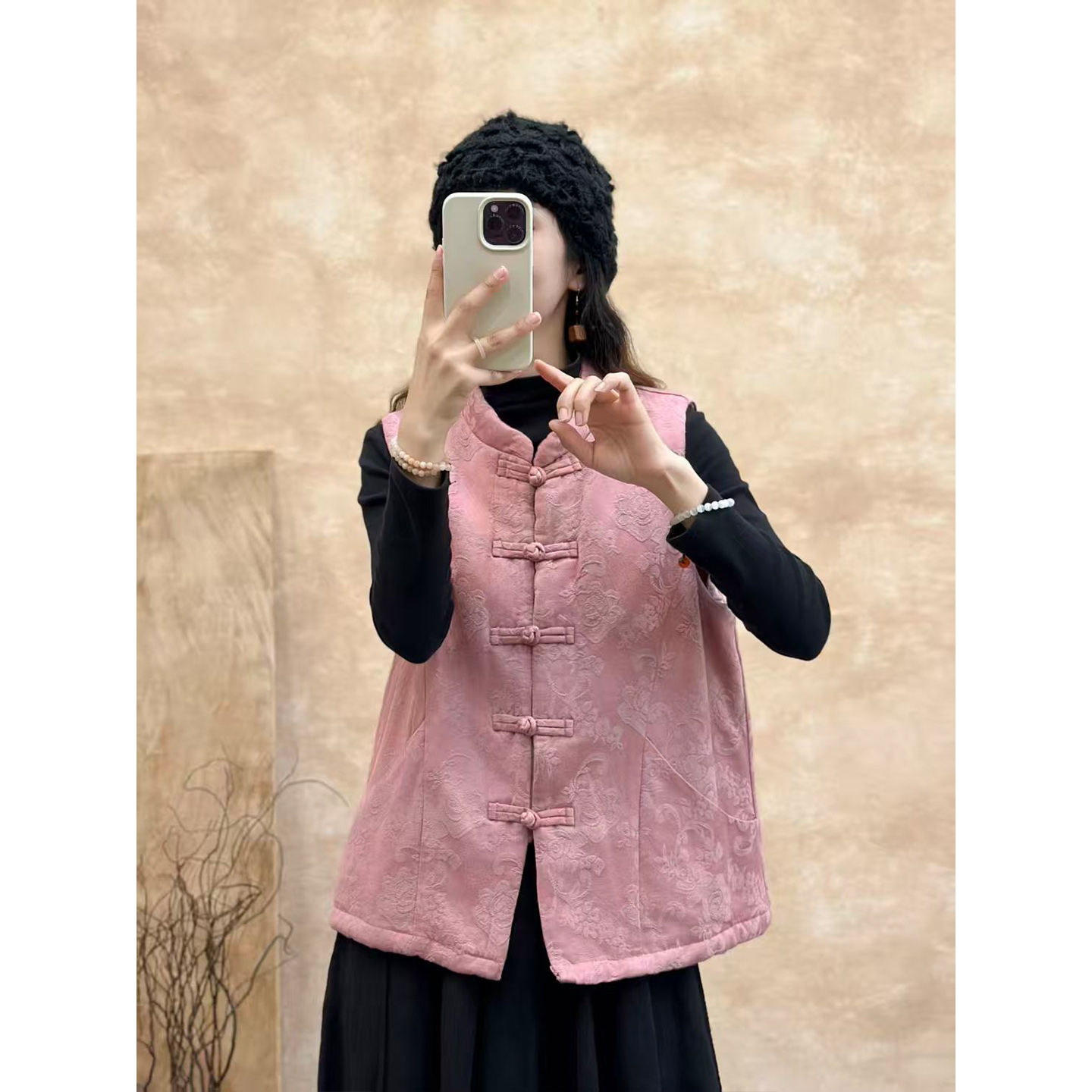 复古盘扣棉麻提花夹棉加厚马甲女秋冬新款文艺国风坎肩外套