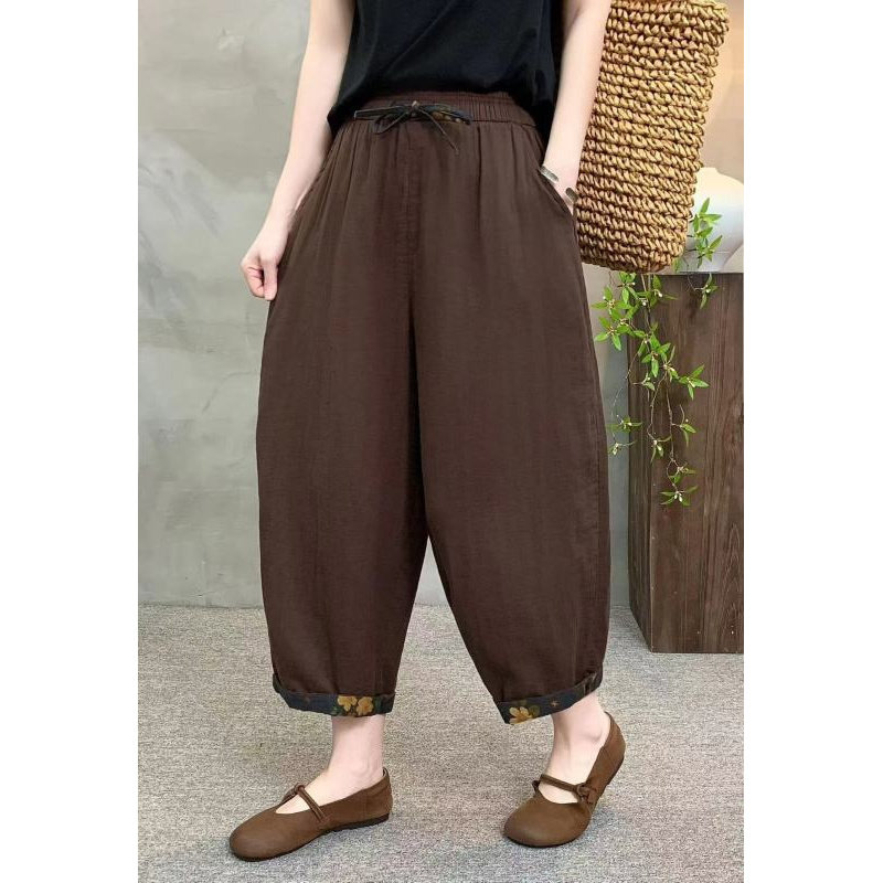 复古棉纱松紧腰系彩色带纯色休闲裤女春秋大码显瘦百搭哈伦裤