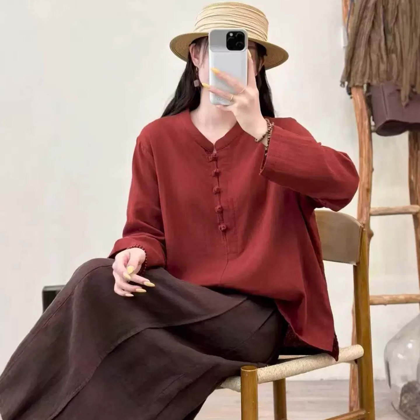 复古盘扣棉纱立领长袖衬衫女春秋文艺大码显瘦国风新中式衬衣