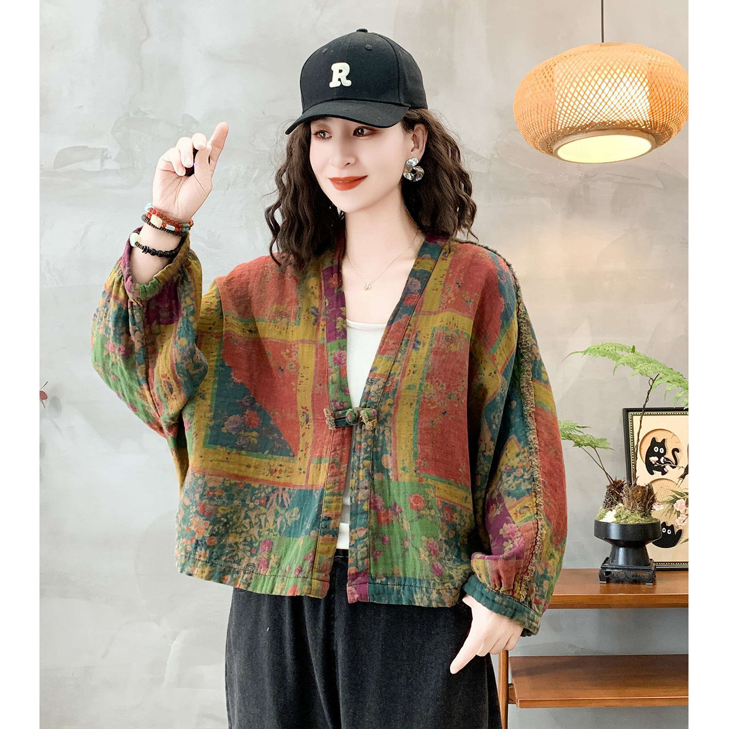 复古盘扣斜纹棉印花蝙蝠袖大版外套女秋新款