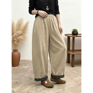 复古斜纹棉松紧腰格子拼接休闲裤女秋新款文艺宽松百搭显瘦哈伦裤