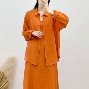 复古苎麻内里包边翻领长袖防晒衬衫女文艺宽松百搭显瘦休闲上衣