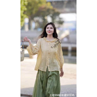 复古苎麻内里包边花边领刺绣衬衫女夏文艺宽松百搭显瘦休闲衬衣