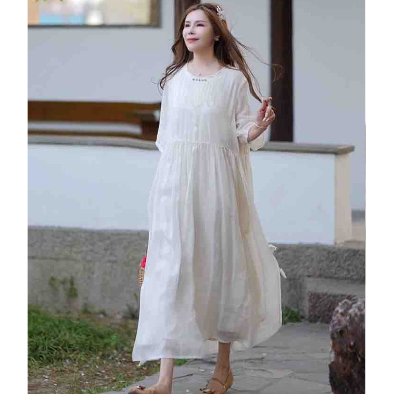 5336晓莲~复古纯苎麻重工立体风琴褶皱设计课收腰双层连衣裙