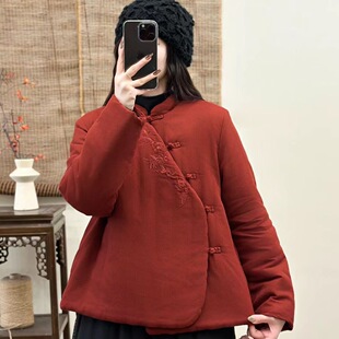 复古棉盘扣刺绣夹棉保暖棉衣女冬文艺大码显瘦国风新中式小棉袄