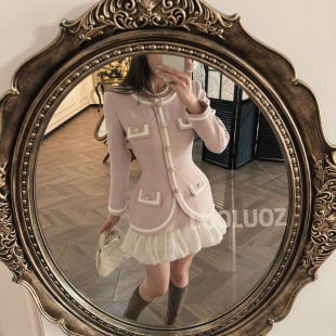 长袖 LUOLUOZ 假两件短款 绝美粉撞色小香风时尚 连衣裙 莫奈花海