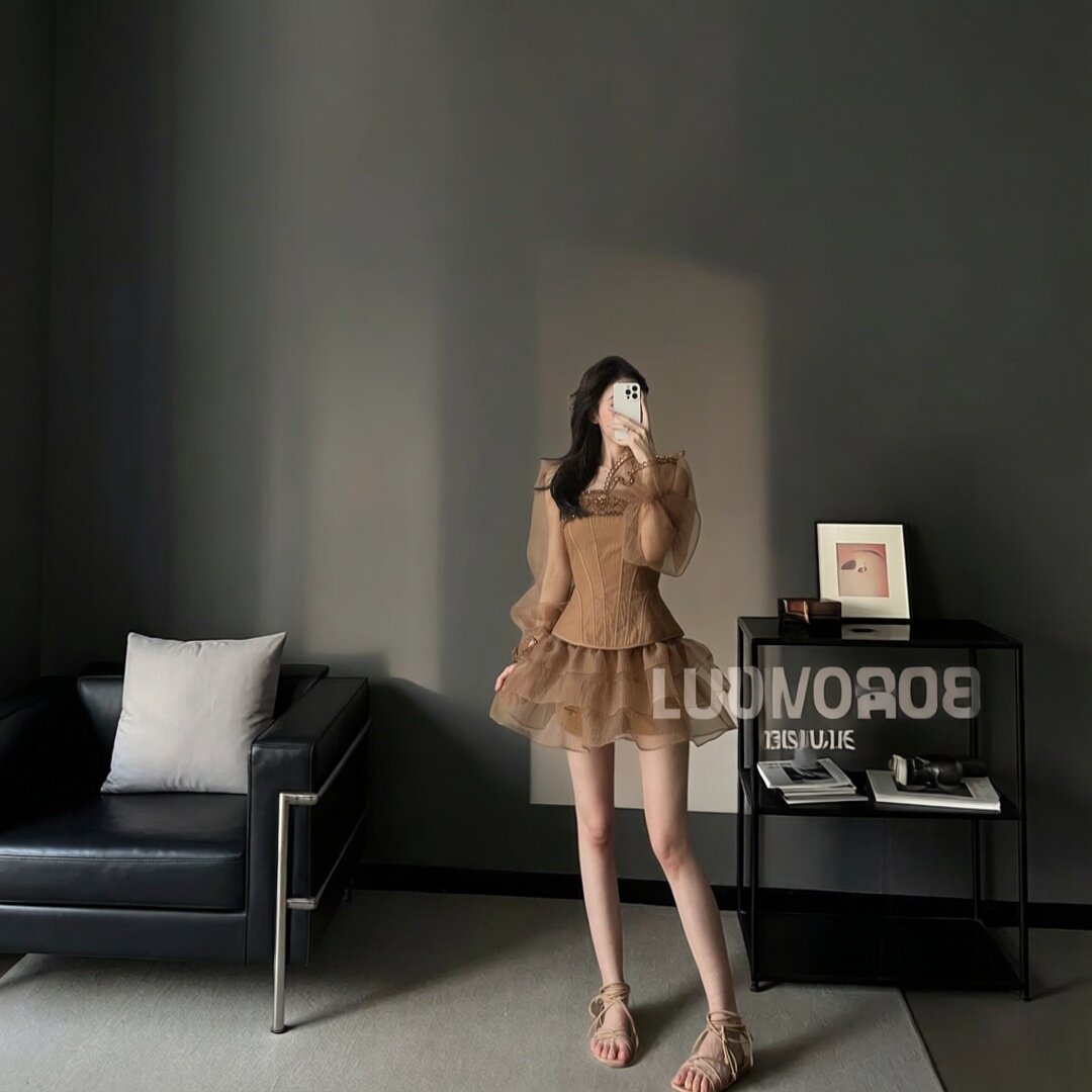 LUOLUOZ【国风雅韵】法式复古网纱拼接套装女 气质显瘦两件套短裙