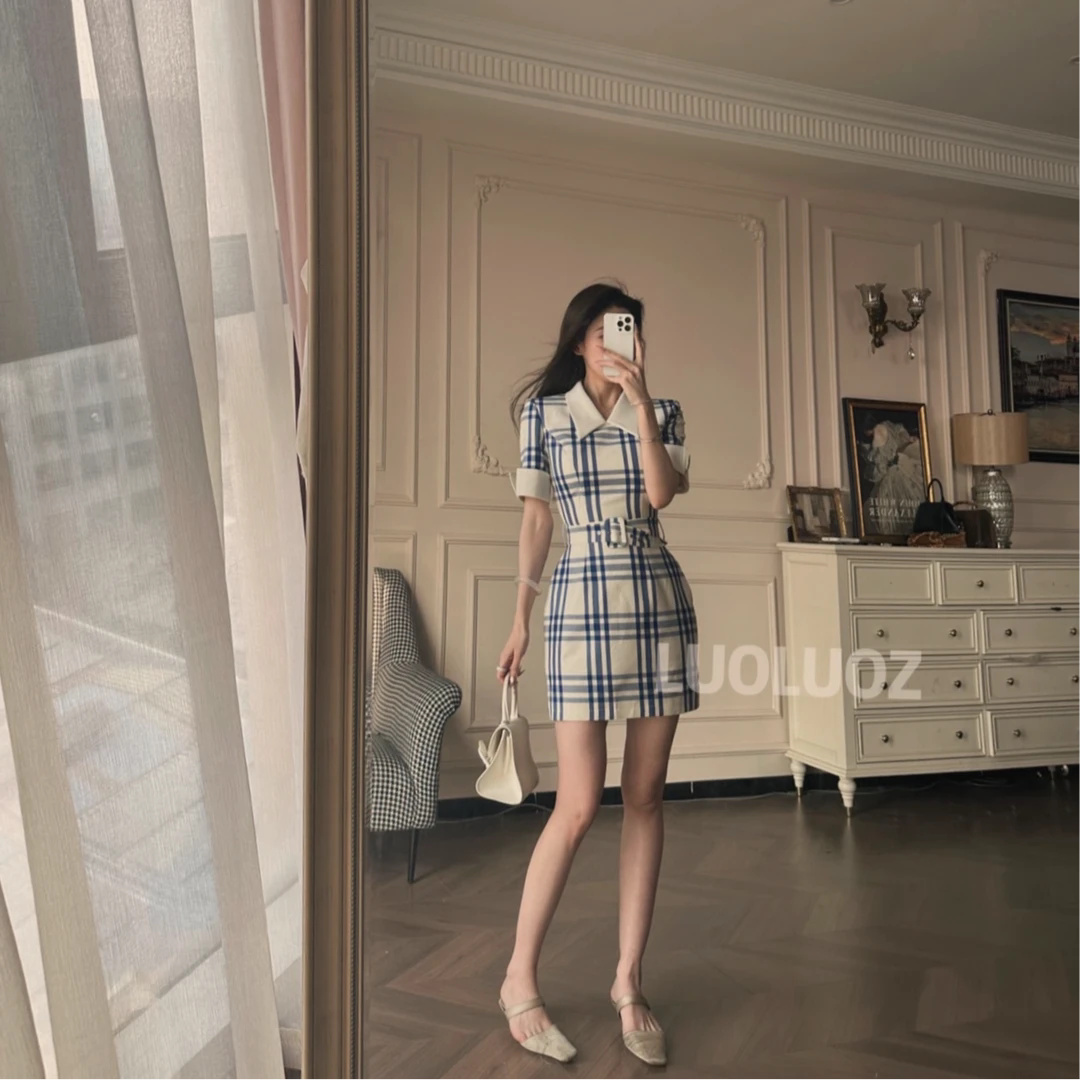 LUOLUOZ【格纹风尚】高级感法式气质格纹收腰长款显瘦连衣裙女CC1