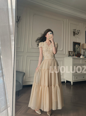 LUOLUOZ【迷醉花园】法式气质绝美轻奢收腰女神范长款连衣裙JF712