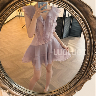 LUOLUOZ 气质不规则时尚 仙气短裙＋打底裤 两件套JF692 云边绵阳