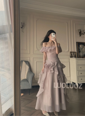 LUOLUOZ【柔雾山茶】法式温柔风露肩设计仙女度假长款连衣裙JF122