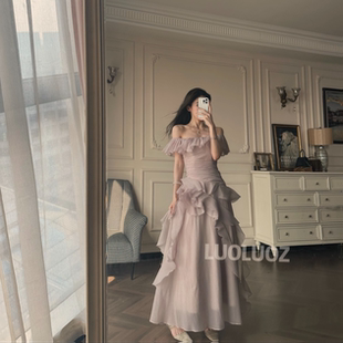 温柔风露肩设计仙女度假长款 法式 连衣裙JF122 柔雾山茶 LUOLUOZ