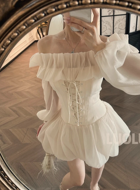 LUOLUOZ【云影流光】设计感一字肩收腰显瘦气质名媛风蓬蓬连衣裙