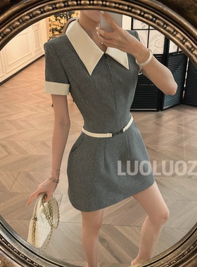 LUOLUOZ【雾灰清宁】气质撞色领口收腰显瘦灰色短款连衣裙JF1413