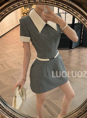 LUOLUOZ【雾灰清宁】气质撞色领口收腰显瘦灰色短款连衣裙JF1413