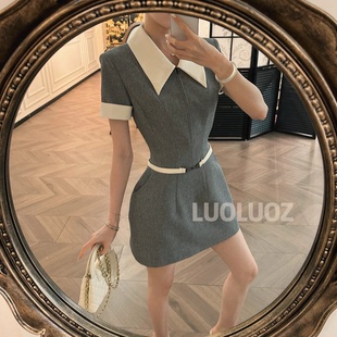 LUOLUOZ【雾灰清宁】气质撞色领口收腰显瘦灰色短款连衣裙JF1413