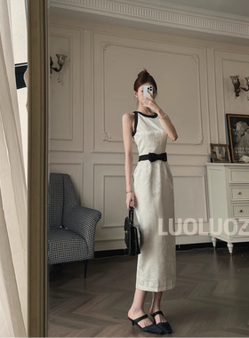 LUOLUOZ【云间墨影】法式轻奢无袖肌理提花撞色长款连衣裙JF1448