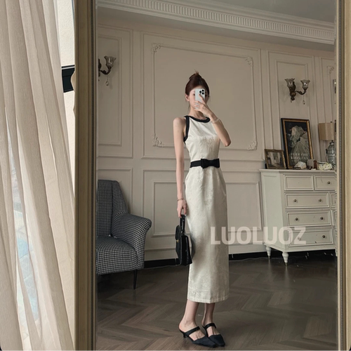 LUOLUOZ【云间墨影】法式轻奢无袖肌理提花撞色长款连衣裙JF1448