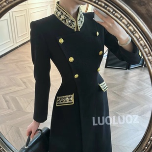 LUOLUOZ【云绣御裁】黑色收腰双排扣毛呢大衣连衣裙女秋冬JF1600