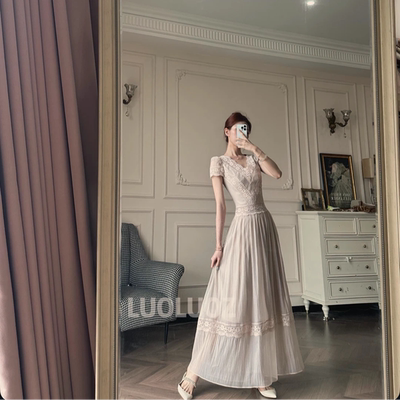 LUOLUOZ【轻裙赴柔】法式V领花边收腰显瘦夏季长款连衣裙JF1406