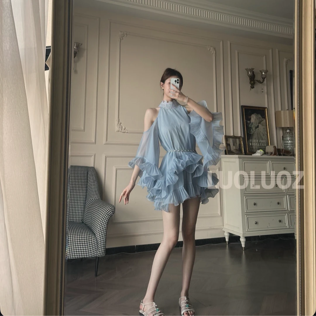 LUOLUOZ【水漾佳人】法式两件套女夏蓝色挂脖露肩荷叶边收腰短裙