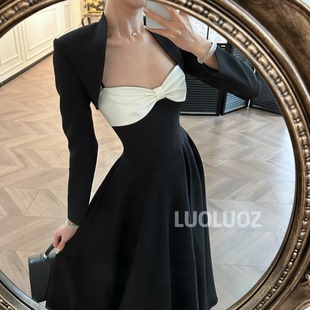 LUOLUOZ【云摆垂姿】法式名媛蝴蝶结收腰大摆长裙两件套女HY7021
