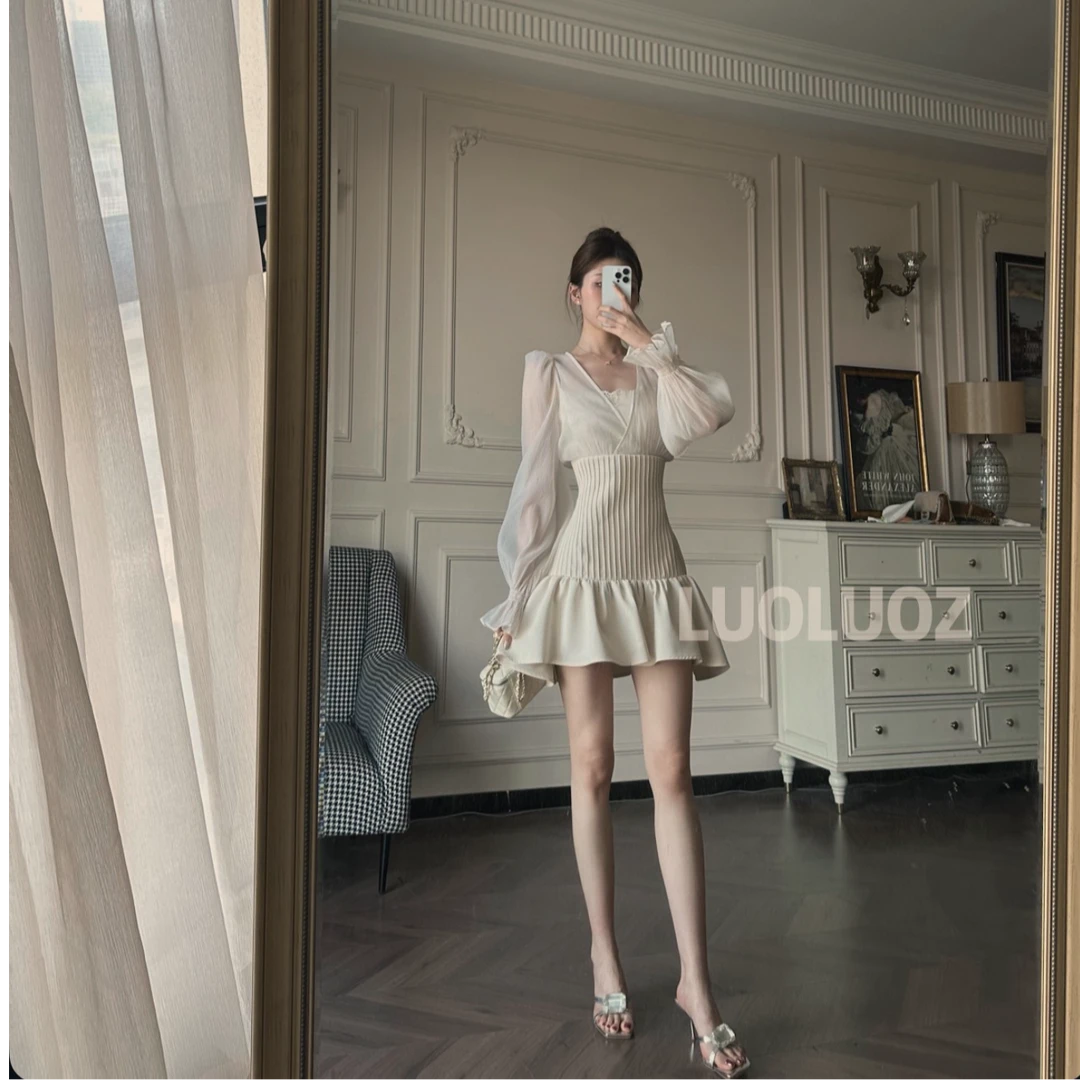 LUOLUOZ【柔刃收腰】法式纯欲针织拼接连衣裙女夏显瘦泡泡袖裙子