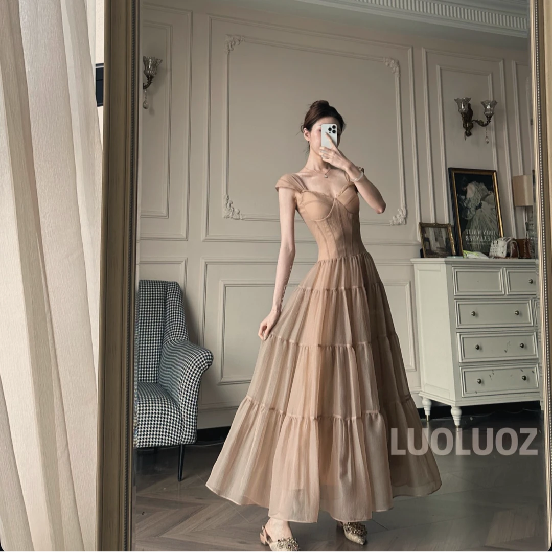 LUOLUOZ【花影绮梦】法式复古鱼骨束腰连衣裙温柔风超仙网纱长裙