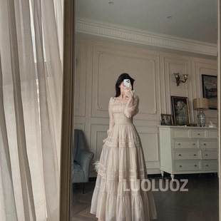 LUOLUOZ 高级感气质绝美网纱长袖 收腰长款 连衣裙JF125 淡影疏香